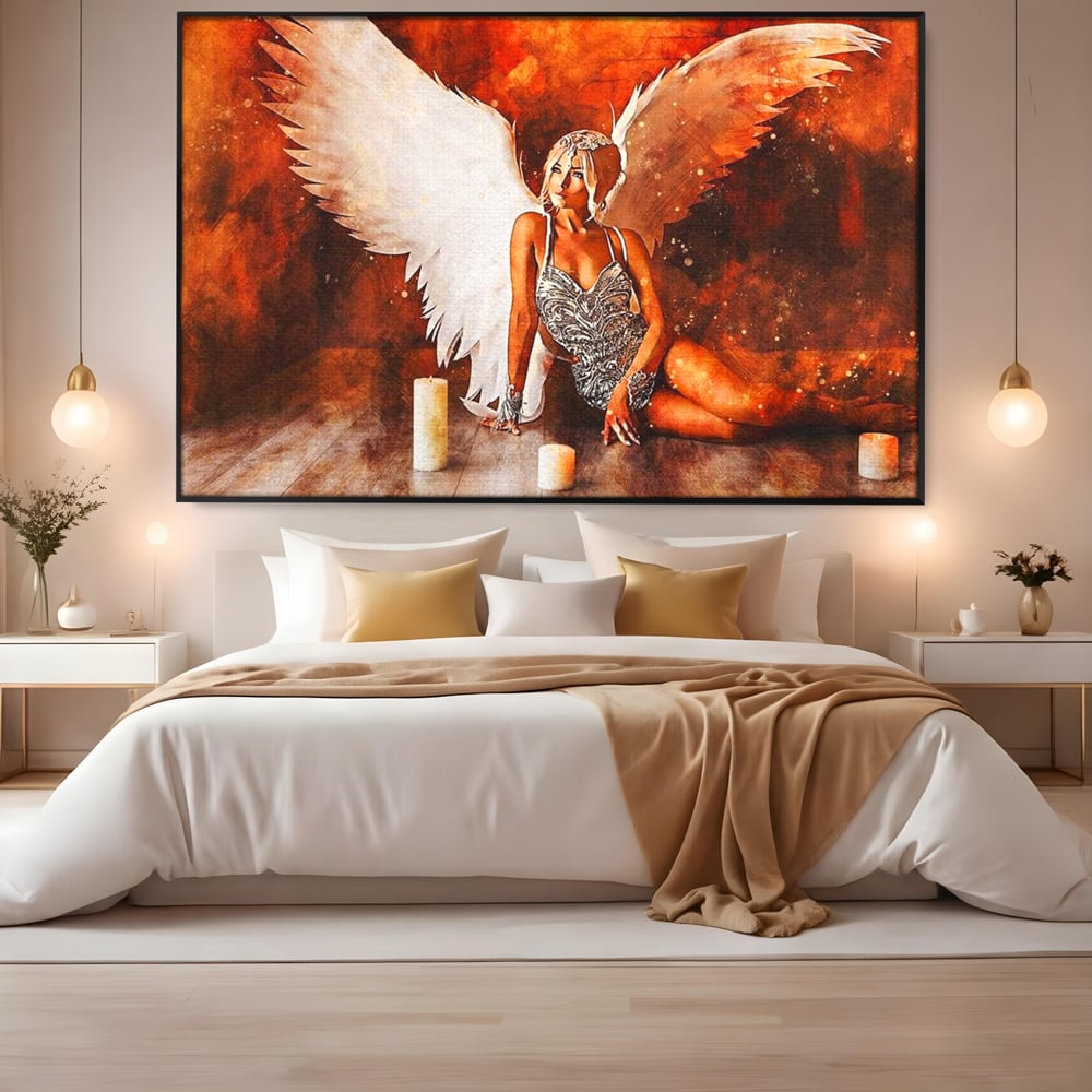 Tablou canvas cu tablou canvas cu inger si aripi, in rama de aluminiu negru, pe perete intr-un dormitor